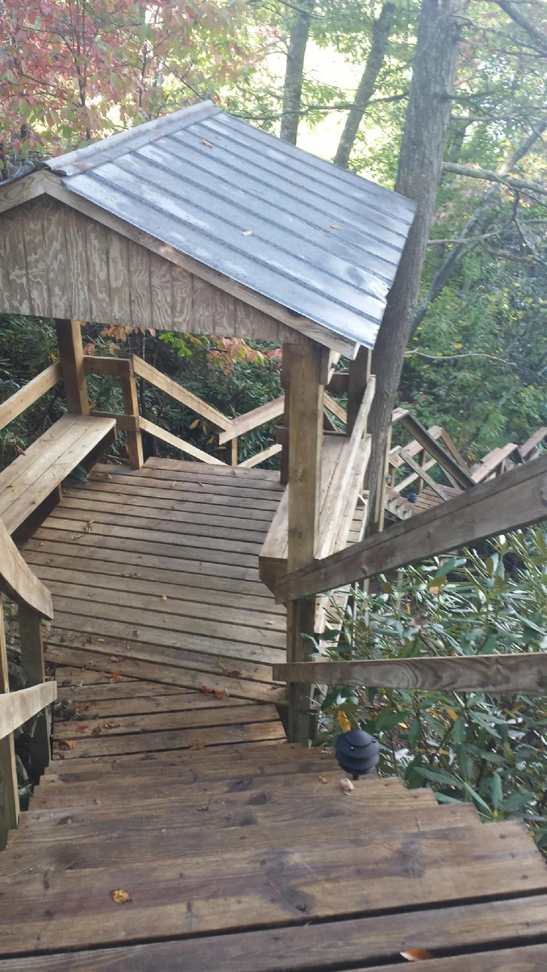Metal roofed shelter over wooden steps on a wooded walkway — Skylight Repair & Installation work by our crew in Aragon